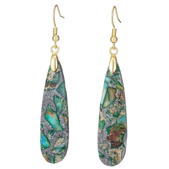 18K Yellow Gold with Natural Imperial Green Jasper Stone Dangling Hook Earrings - Picture 1 of 6